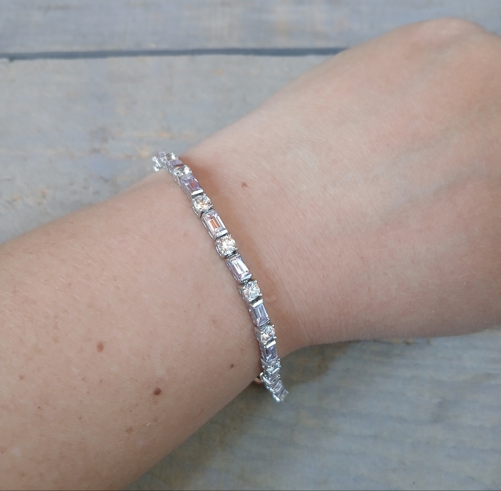 Vtg Sterling Silver Round & Baguette CZ Tennis Bracelet 12.7 Grams 7.5"